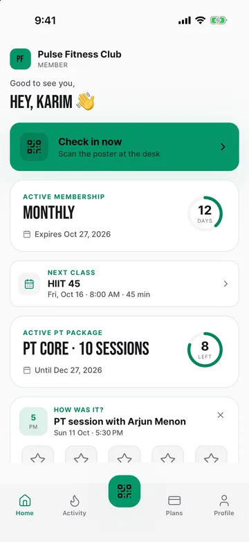 Member app home: check in, days left on the membership, book a class, PT sessions left