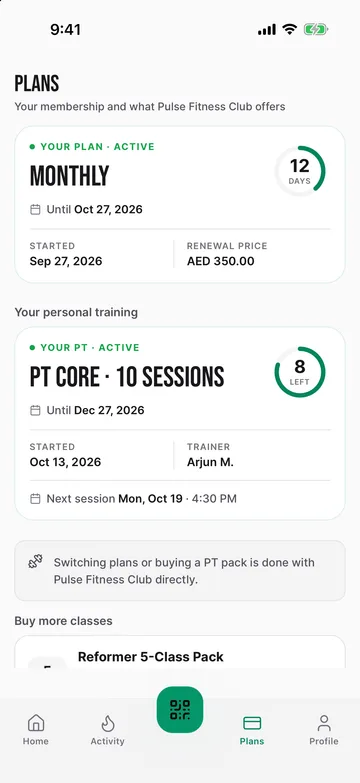 Member app plans: membership and PT package with days and sessions left