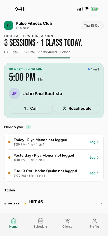 Trainer app: today's sessions and who still needs logging