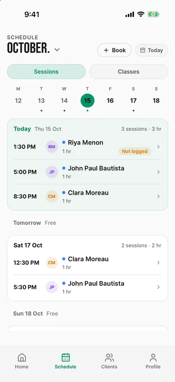 Trainer app schedule for the week