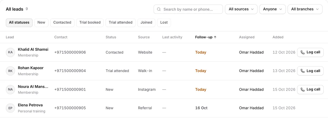 Leads pipeline with source, status and last activity for each enquiry