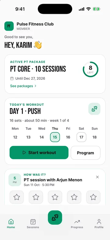 Client app home: PT package with sessions left and the next workout
