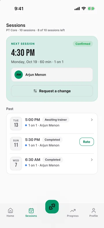 Client app: next session with Confirm I'll be there and Request a change