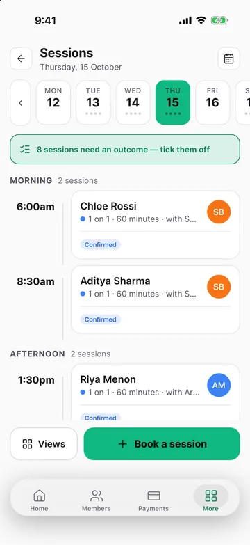 Owner app: today's PT sessions by trainer, with Book a session