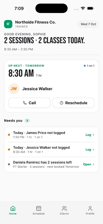 Trainer app: today's sessions and who still needs logging