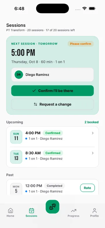 Client app: next session with Confirm I'll be there and Request a change