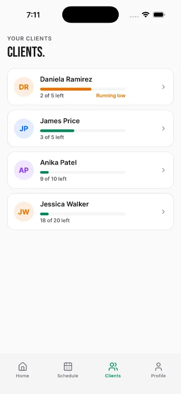 Trainer app client list with sessions left for each client