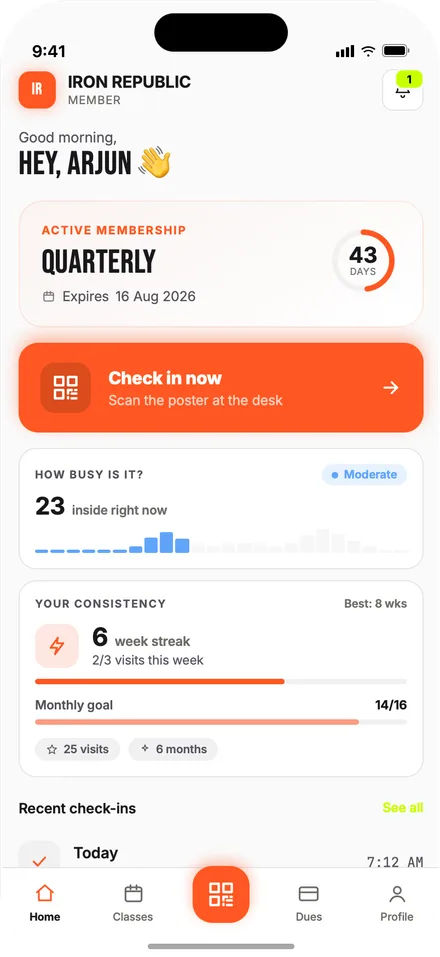 Client app home — next session, package balance, program