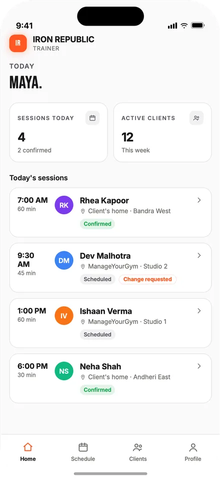 Trainer app home — today's sessions and client list