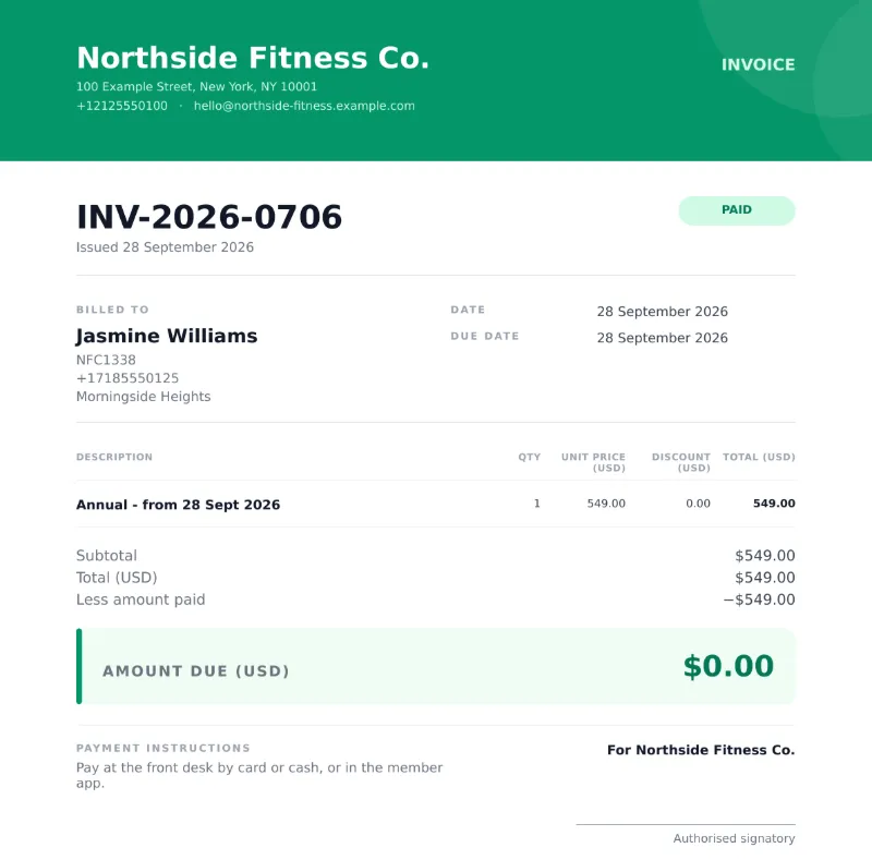 Invoice for an annual membership, paid in full, with nothing left to pay